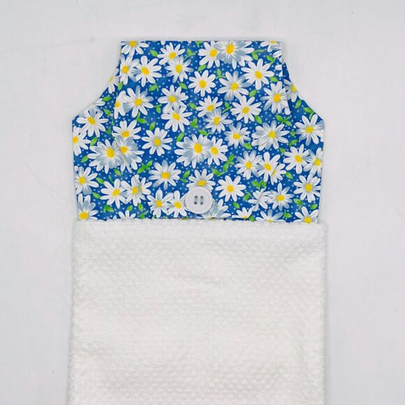 Hanging Kitchen Tea Towel, Button Closure, Cabinet Oven Towel Blue Daisy - Picture 6 of 9